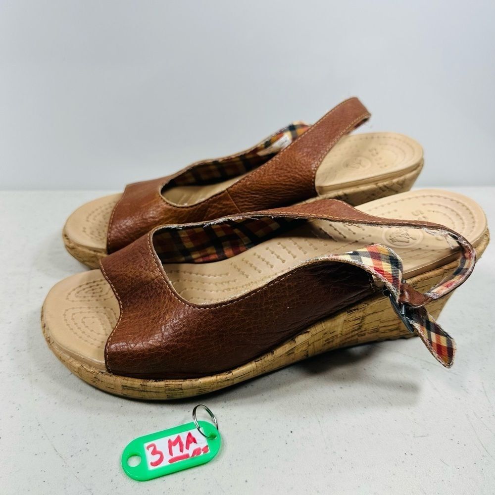 Crocs A-Leigh Brown Leather Slingback Cork Wedge Heels Sandals- Womens Size US 8
